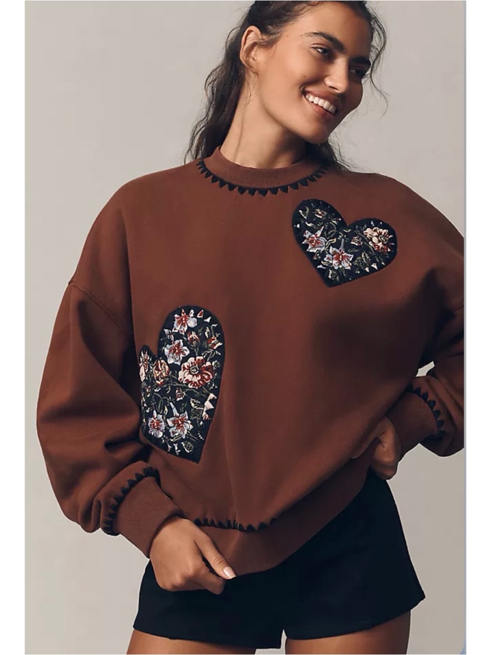 RHODE Adrien Sweatshirt Brown with Floral Heart Patches Cottagecore Boho Medium